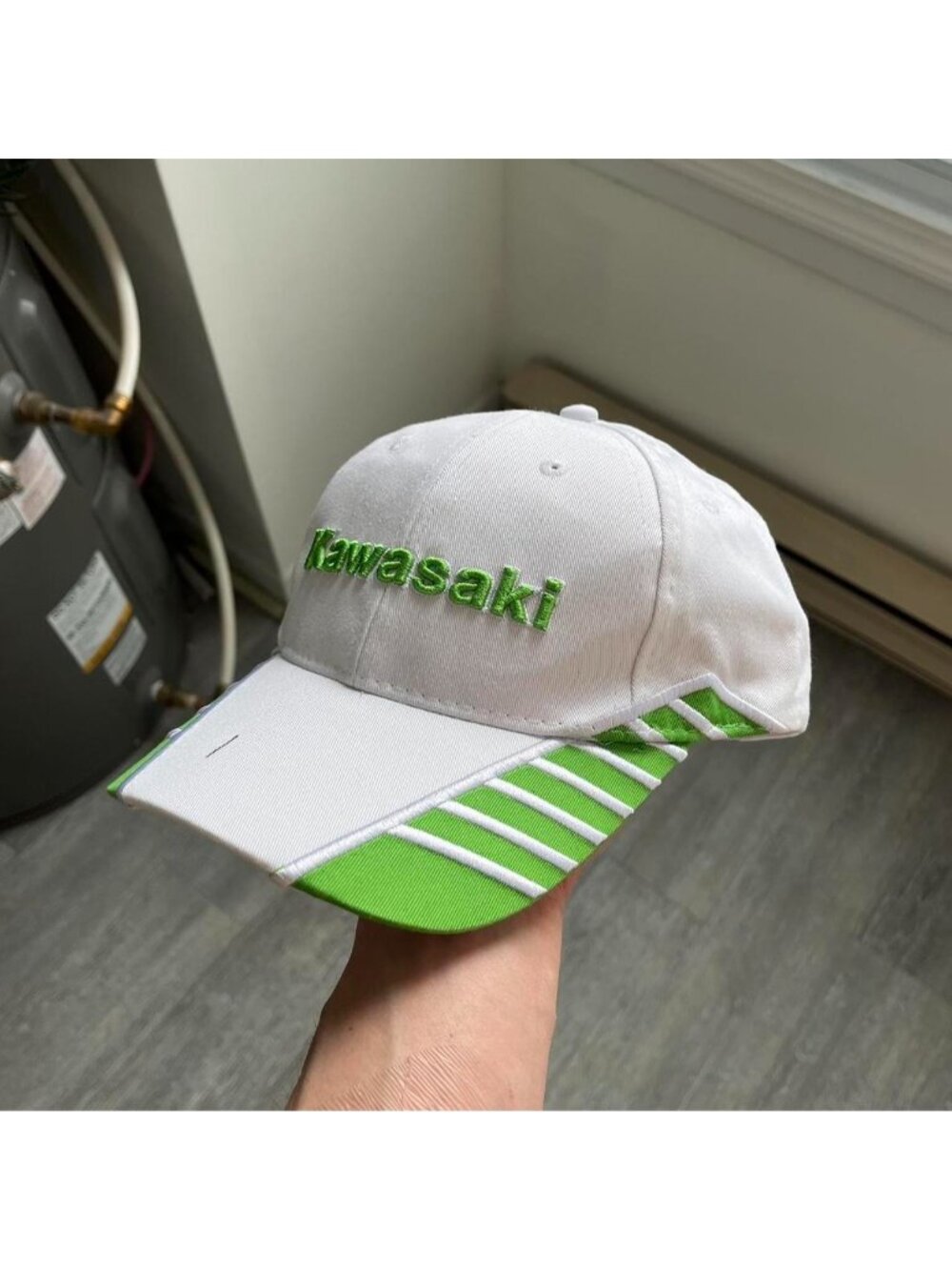 White / Green Vintage Kawasaki Embroidered Racing / Biker Cap / Hat